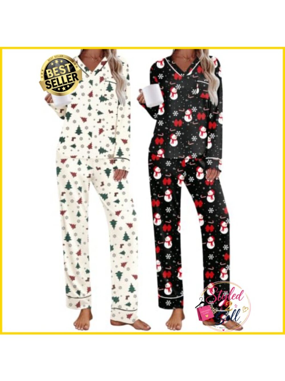 Ekouaer 2 Pack Womens Pajama Sets Long Sleeve V-Neck Lounge PJs
